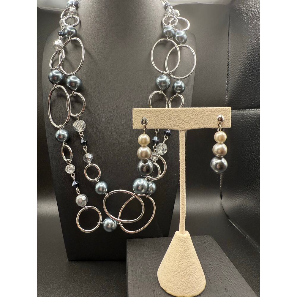 Lia Sophia Dark Grey Pearl & Silver Tone Long Necklace with Earrings